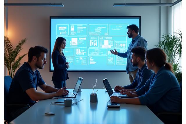 Team of smart home system designers collaborating in a modern, brightly lit office, symbolizing innovation and clarity.
