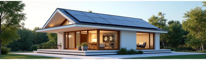 Integrated solar panels and energy monitoring dashboard in a modern, energy-efficient bungalow, showcasing smart appliance control. For Purnama Cerah Living.