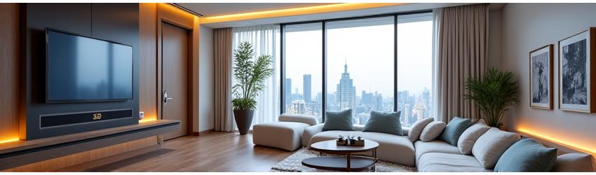 Integrated smart home system in a modern KLCC condo, featuring smart lighting and a central control panel. For Purnama Cerah Living.