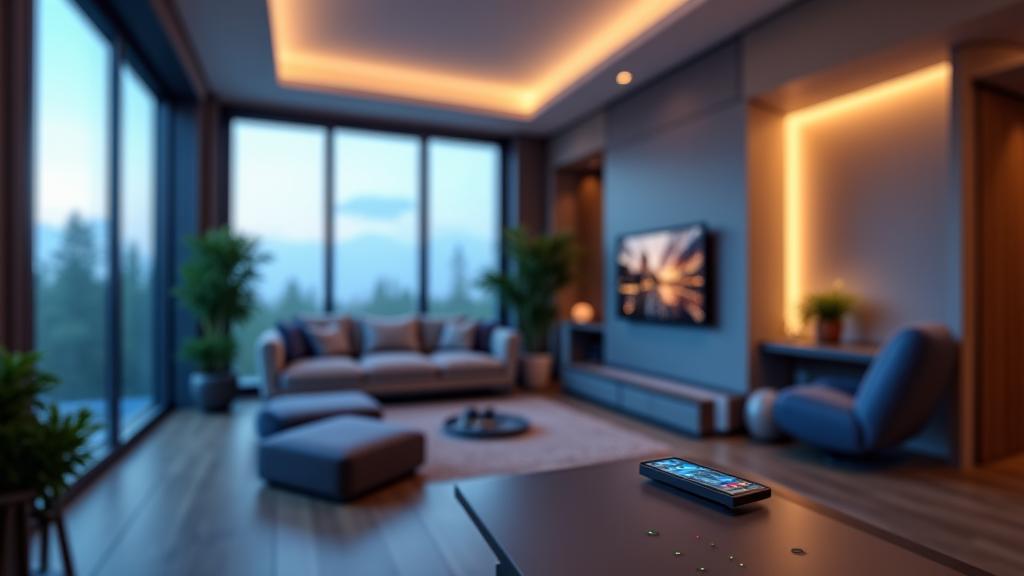 Modern smart home interior with integrated devices, showing a sleek living room with smart lighting, a tablet displaying home controls, and subtle technology elements.